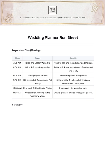 Free Wedding Planner Run Sheet Template to Edit Online