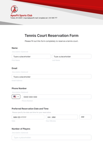 Free Tennis Court Reservation Form Template to Edit Online