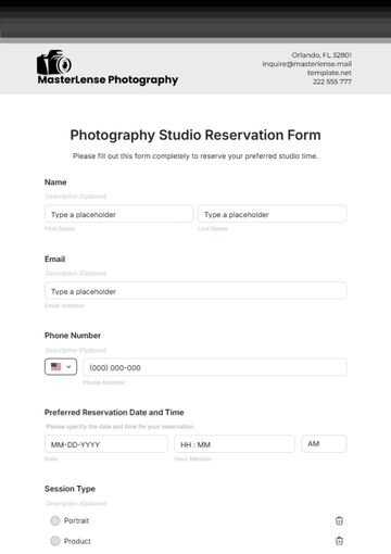 Free Photography Studio Reservation Form Template to Edit Online
