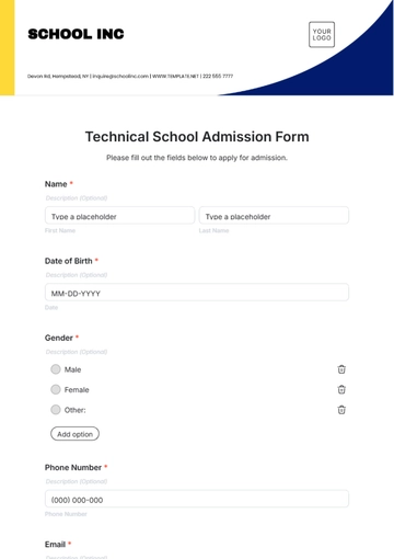 Free Technical School Admission Form Template to Edit Online
