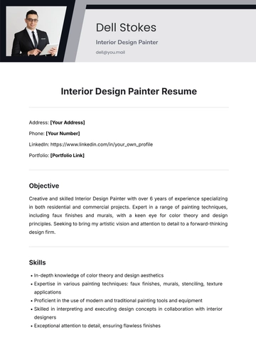 Free Interior Design Painter Resume Template to Edit Online