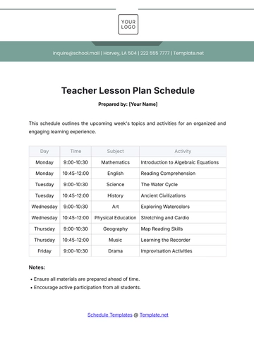 Free Teacher Lesson Plan Schedule Template to Edit Online