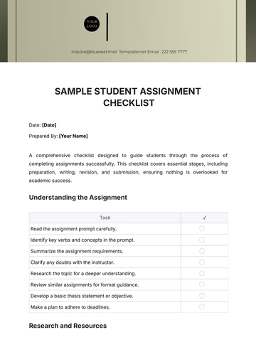 Free Sample Student Assignment Checklist Template to Edit Online