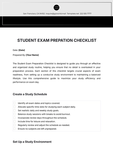 Free Student Exam Preparation Checklist Template to Edit Online