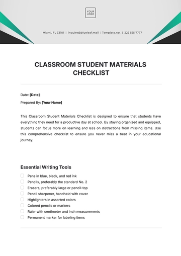Free Classroom Student Materials Checklist Template to Edit Online