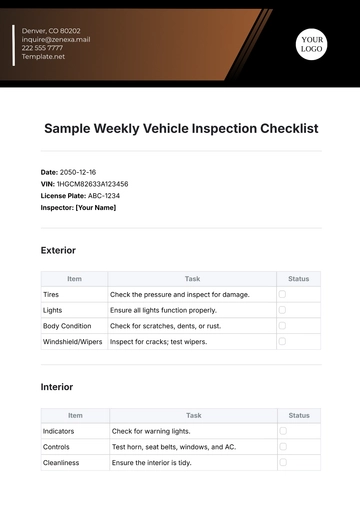 Free Sample Weekly Vehicle Inspection Checklist Template to Edit Online