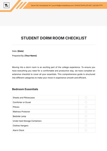 Free Student Dorm Room Checklist Template to Edit Online