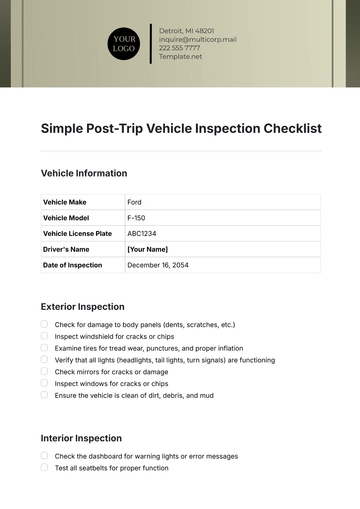 Free Simple Post-Trip Vehicle Inspection Checklist Template to Edit Online
