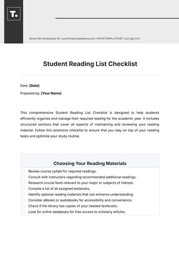 Free Student Reading List Checklist Template to Edit Online