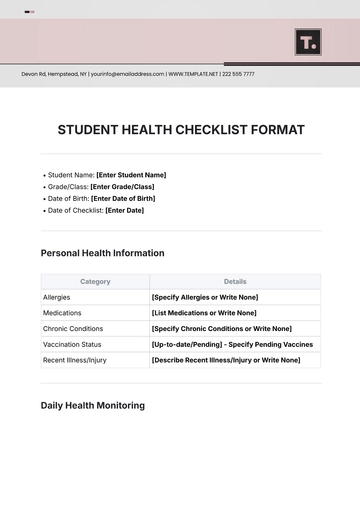 Free Student Health Checklist Format Template to Edit Online