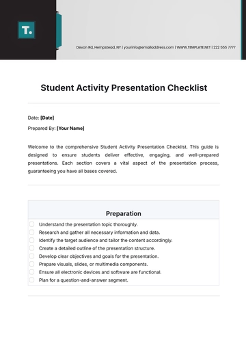 Free Student Activity Presentation Checklist Template to Edit Online