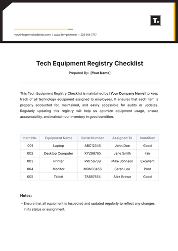 Free Tech Equipment Registry Checklist Template to Edit Online