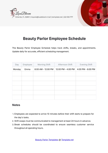 Free Beauty Parlor Employee Schedule Template to Edit Online