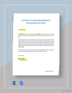 Letter to Landlord Request for Waiver of Rent