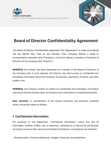 Free Board of Director Confidentiality Agreement Template to Edit Online