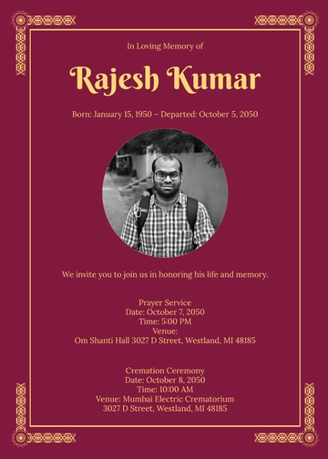 Free Indian Funeral Invitation Template to Edit Online