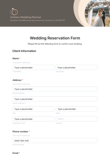 Free Wedding Reservation Form Template to Edit Online