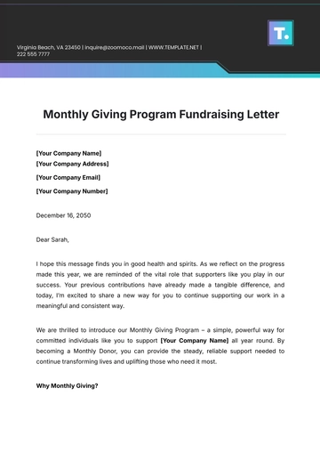 Free Monthly Giving Program Fundraising Letter Template to Edit Online