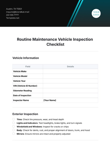 Free Routine Maintenance Vehicle Inspection Checklist Template to Edit Online