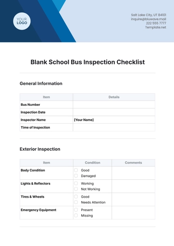 Free Blank School Bus Inspection Checklist Template to Edit Online
