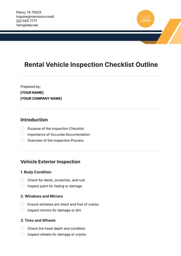 Free Rental Vehicle Inspection Checklist Outline Template to Edit Online