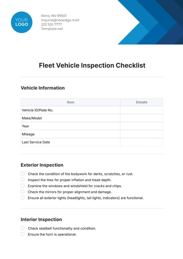 Free Fleet Vehicle Inspection Checklist Template to Edit Online