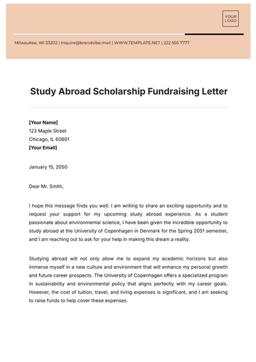Free Study Abroad Scholarship Fundraising Letter Template to Edit Online