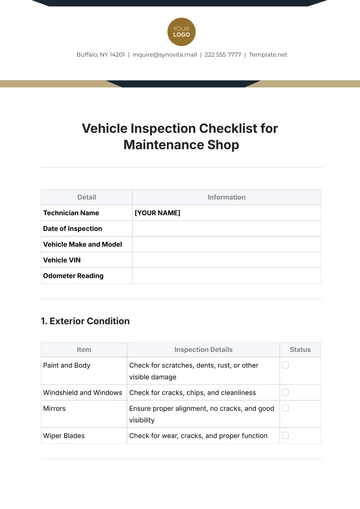 Free Vehicle Inspection Checklist for Maintenance Shop Template to Edit Online