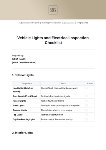 Free Vehicle Lights and Electrical Inspection Checklist Template to Edit Online
