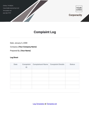 Free Complaint Log Template to Edit Online