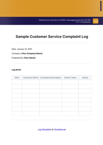Free Sample Customer Service Complaint Log Template to Edit Online