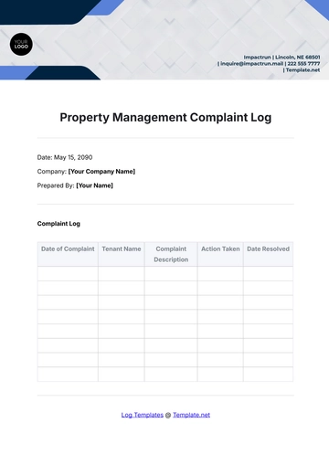 Free Property Management Complaint Log Template to Edit Online