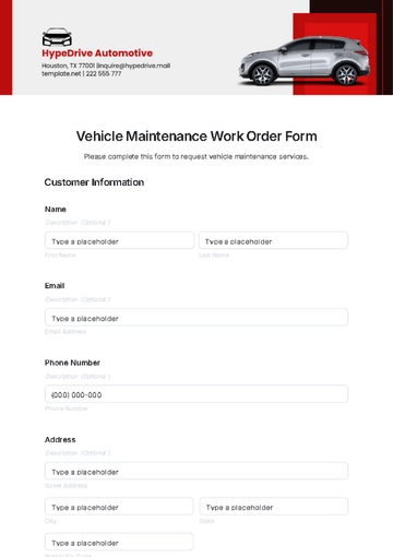 Free Vehicle Maintenance Work Order Form Template to Edit Online