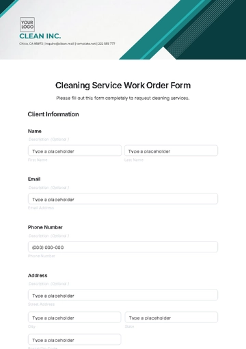Free Cleaning Service Work Order Form Template to Edit Online