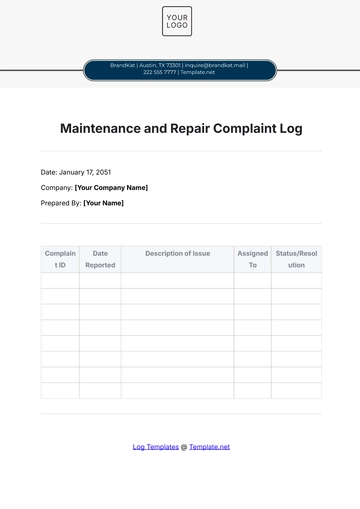 Free Maintenance and Repair Complaint Log Template to Edit Online