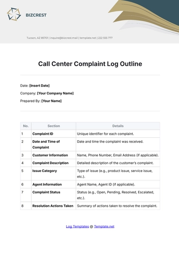 Free Call Center Complaint Log Outline Template to Edit Online