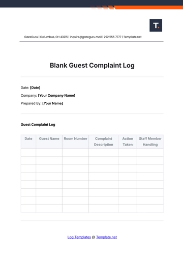 Free Blank Guest Complaint Log Template to Edit Online