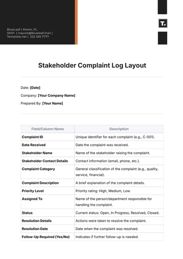 Free Stakeholder Complaint Log Layout Template to Edit Online
