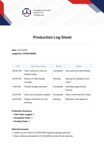 Free Production Log Sheet Template to Edit Online