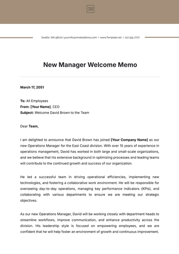 Free New Manager Welcome Memo Template to Edit Online