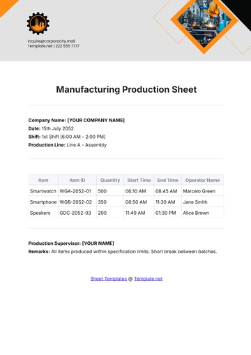 Free Manufacturing Production Sheet Template to Edit Online