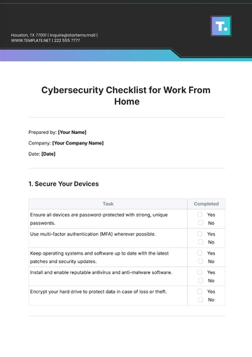 Free Cybersecurity Checklist for Work From Home Template to Edit Online