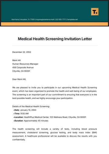 Free Medical Health Screening Invitation Letter Template to Edit Online