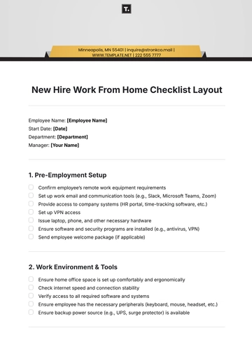 Free New Hire Work From Home Checklist Layout Template to Edit Online