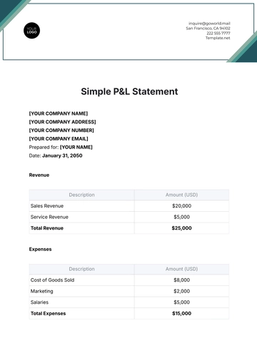 Free Simple P&L Statement Template to Edit Online