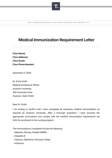Free Medical Immunization Requirement Letter Template to Edit Online