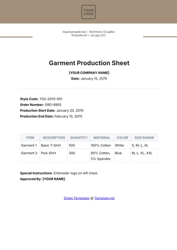 Free Garment Production Sheet Template to Edit Online