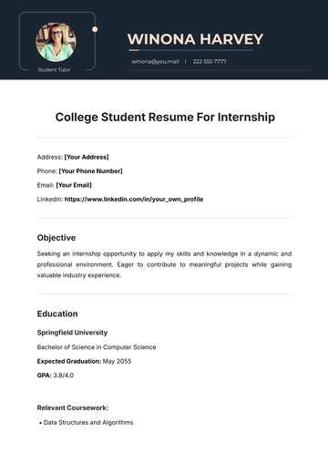 Free College Student Resume For Internship Template to Edit Online