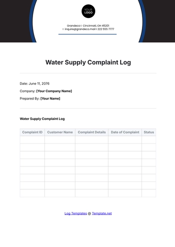 Free Water Supply Complaint Log Template to Edit Online
