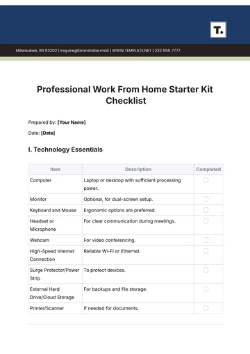 Free Professional Work From Home Starter Kit Checklist Template to Edit Online